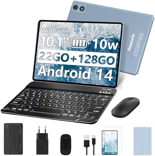 fezawio Tablet touch da 10 pollici Android 14, 22 GB RAM+128 GB ROM(espandibile 1 TB) |5 MP+8 MP|5 G Wi-FI|Certificato Widevine L1|Processore Octa-Core|8000 mAh|Tastiera+Mouse+Cover protettiva inclusa