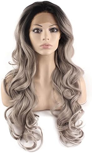 Iwona Long Wavy Celebrity Half Hand Tied Synthetic Lace Front Black Gray Ombre Wig Two Tone Natural Grey Wig