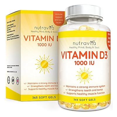 Vitamin D 1,000 Iu 365 Softgels 1 Year Supply - For Maintenance Of Healthy Bones And Teeth - Vitamin D3 Cholecalciferol - Made In The Uk By Nutravita