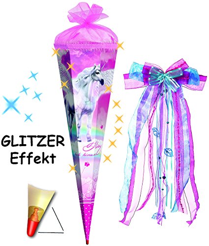 3-D Glitzer Effekt _ ! - Schultüte - " Pegasus / Pferd - Einhorn " - 70 / 85 cm - incl. große SCHLEIFE - rund - 6 eckig - Organza / Filz & Glimmer Abschluß - Zuckertüte Roth - mit Holzspitze - für Mädchen / Geschenktüte - Pferde - Einhörner - rosa Blumen & Ranken