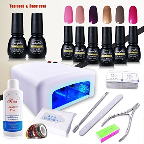 UV Nagelstudio Set von FairyGlo 36W UV Lampe,base und top coat,cleaner für gel nägel,nagelfeilen set,uv nagellack entferner, buffer für nägel, knipser fingernägel, schieber nägel, Striping Tape, tücher nägel,(6xStück Farblack,1xStück Unterlack,1xStück Überlack)