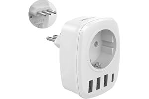 VINTAR 1PC Adaptateur Prise Italie, 5 en 1 Adaptateur de Voyage avec 3 USB Ports et 1 USB-C Port, Europe FR 2 Broches vers ITA 3 Broches pour Italie, Maldives, Chili, Uruguay, Certification CE Type L