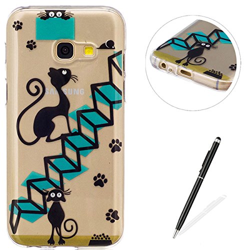 Samsung Galaxy A3 2017 Hülle,MAGQI Transparent Ultra Dünn Gel TPU Bumper Tasche mit Bunter Cartoon Design [Kratzfeste,Scratch-Resistant] [Crystal Clear] Weiche Silikon Gummi Schutzhülle [Frei Stylus Pen] 360 edge protection für Samsung Galaxy A3 2017 - schwarze Katze