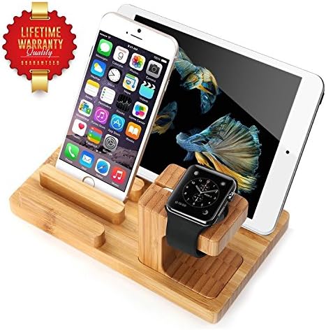 Wood Charging Stand Bamboo Dock Station Apple iWatch &amp; iPhone Bracket Docking Station Cradle Holder on Table neat for Decorate the house (Yellow)