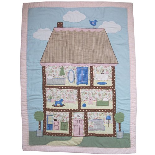 Hand Embroidered Doll House Patchwork Cot Wrap by Powell Craft 102 x 76 cm