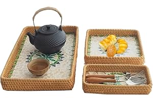 SZETOSY rattanowa taca do serwowania z wkładką z masy perłowej, prostokątna, dekoracyjna taca do serwowania w stylu boho, taca śniadaniowa, tkana taca do serwowania chleba, owoców, jedzenia, kawy,