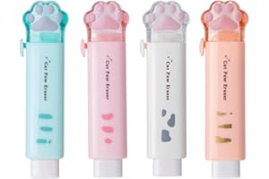 GELUODE Pack of 4 Retractable Erasers, Cat Paw Erasers for Children, Push Pull Erasers for Students, Writing, Office, School Supplies