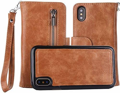 COOSTOREEU iPhone X Case, Premium PU Leather Zipper Purse with Wrist Strap Flip Page Magnetic Wallet, 2-in-1 Detachable Case with 5 Card Slots Case for Apple iPhone X,Khaki