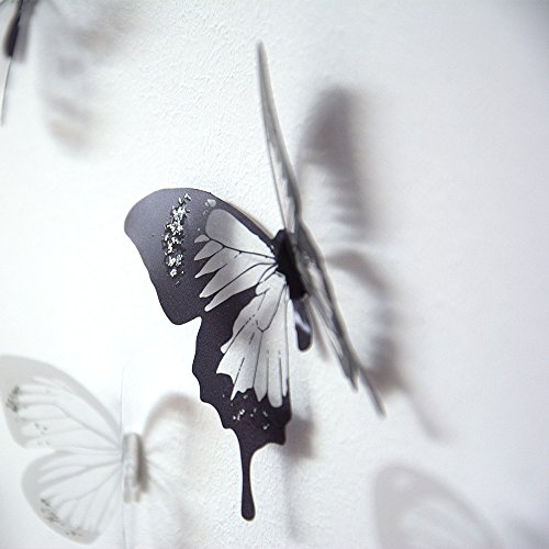 3D Schmetterlinge schwarz-weiß , Wanddeko, Wandtattoo mit Glitzer 18 Stück - 2