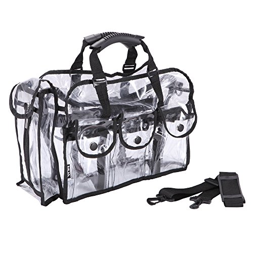 MUA LIMITED Makeup Artist Storage Bag, Clear Cosmetic Bag with Side Pockets and Shoulder Strap, Ergonomic Handle, ON THE GO Series - Black Trim