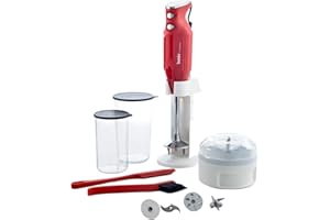 bamix Set mixeur plongeant M350 MAXX avec support, 2 récipients, 4 accessoires, Processeur, Spatule, Brosse de nettoyage, 300 W, Fabriqué en Suisse, Rouge/chrome