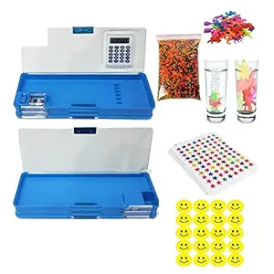IMTION Special Kit 5 in 1 ( Pencil Box with Calculator Atached + 80 Star Sticker +1000 Water Crystal Ball +10 Pcs Growing Animals + Smile Striker 35 Pcs ) Double Sided Open jometry Box