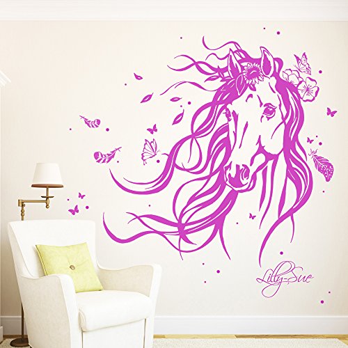 ilka parey wandtattoo-welt® Wandtattoo Pferd Wildpferd mit Blumen Federn Schmetterlingen und Wunschnamen M1874 ausgewählte Farbe: *türkis* ausgewählte Größe: *M – 80cm breit x 68cm hoch* - 4