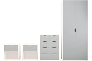 AFN HOME AFN Delvito 4 Piece Bedroom Furniture Set - Includes Wardrobe, 5 Drawer Chest, Bedside Cabinet (Grey on White)