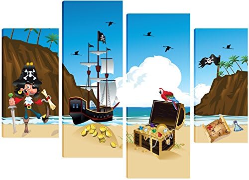 Pirate Claiming Treasure Island Design- Canvas Art For Children's Bedroom - 4 Split Panel Design 71cm x 101cm - FREE HANGING KIT INCLUDED