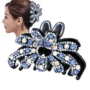 Elegant Rhinestone Large Size Fancy Hair Claw Clips Plastic Hair Clamp Jaw Clip Non-Slip Barrette Hair Updo Grip Bath Accessories (Blue)