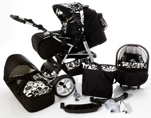 Chilly Kids iCaddy Pram & Pushchair Travel System (car seat, raincover, mosquito net, beverage tray, changing pad) 03 Black & White Flowers