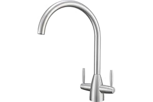 Yamataro Kitchen Tap Stainless Steel Sink Mixer Taps Monobloc Tap Dual Lever 360 Swivel Swan Spout UK Standard 1 Hole Deck Mount Kitchen Faucet for Sink Brushed Anti-Fingerprint