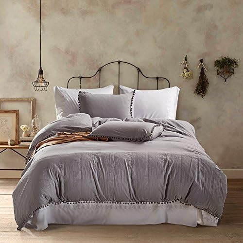 Dushow 100% Washed Cotton Duvet Cover Bedding Set , Healthy ,Luxurious, Comfortable, Breathable, Soft and Extremely Durable, Full/Double, Gray(King)