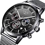 LIGE Mode Herren Uhren Geschäft Wasserdicht Simulierter Quarz Uhr Mondphase Schwarz Edelstahl Mesh-Gürtel Armbanduhren