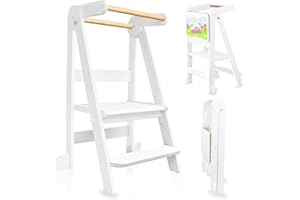 UUOEEBB Kitchen Foldable Toddler Tower, Learning Tower with 3 Adjustable Height, Kitchen Step Stool for Kids with Magnetic Whiteboards, 1-6 Years Toddler Kitchen Stool (White)