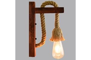 Mengjay Wooden Wall Light Hemp Rope, Industrial Wall Lamp Lamp Shade, E27 LED Retro Wall Light Living Room Bedside Table Corridor Cafe Bar
