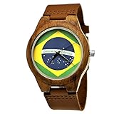 Handgefertigte Holzwerk Germany® Designer Herren Brasilien Flagge Uhr Damen Uhr Öko Natur Holz Flaggen Uhr Leder Armband Uhr Analog Armbanduhr Damenuhr Herrenuhr Klassisch Quarz-Uhr Braun WM 2018