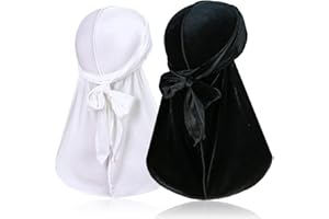 TSKNOMO 2 Stück Samt Durags für 360 Waves, Silky Do Rag Durag Kopfwickel mit extra langem Schwanz und breiten Trägern für Männer und Frauen