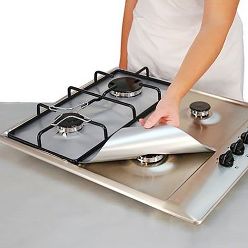 Gemini_mall4PCS Silver Gas Hob Protector Liner Sheets Reusable Non Stick Lining Clean (Silver)
