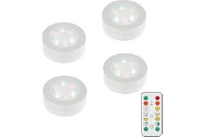 MOUJUCHI Lot de 4 lumières LED sous armoire, alimentation batterie, télécommande, luminosité réglable, mur, placard, escalier, tiroir