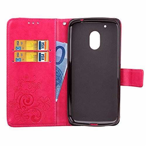 Hülle Handyhülle Case MOTO G4 play,SainCat MOTO G4 play Power Schutzhülle Ledertasche Brieftasche im BookStyle Mit Klee Entwurf,MOTO G4 play Power PU Leder Wallet Case Folio Schutzhülle Hülle Lederhülle Bumper Handytasche Skin Schale Soft Backcover Handy Tasche Flip Cover Buchstil Klapptasche in Lederoptik mit Standfunktion Karteneinschub und Magnetverschluß Etui Flip Case für MOTO G4 play -Klee Heißes Rosa - 5