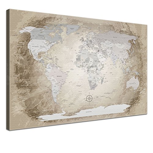 LANA KK - Weltkarte Leinwandbild mit Korkrückwand zum pinnen der Reiseziele – „Worldmap Beige” - spanisch - Kunstdruck-Pinnwand Globus in braun, einteilig & fertig gerahmt in 60x40cm