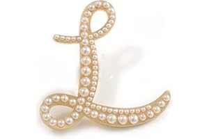 AVALAYA 'L' Large Gold Plated White Faux Pearl Letter L Alphabet Initial Brooch Personalised Jewellery Gift - 55mm Tall