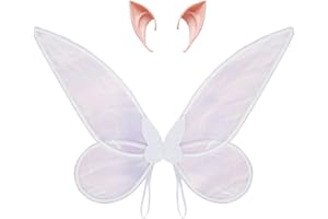 SINSEN Feenflügel Erwachsene Feenflügel Kinder, Fairy Wing Für Mädchen Damen Mit Elfenohren Halloween Karneval Fee Cosplay Kostüm Sich Kostümieren (Weiß Flügel Set)