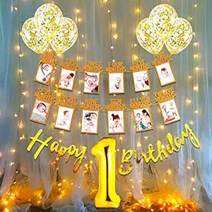 Party Propz 1st Birthday Decoration for Baby Girl Or Boy Kids - 14Pcs Warm Led Light Set Happy Birthday Foil Banner, 1-12 Month Photo Banner,Confetti Balloons Combo for Kids Birthday Supplies