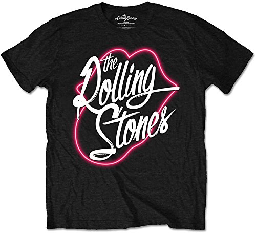 The Rolling Stone Neon Lips Script Camiseta Manga Corta, Negro, L para Hombre