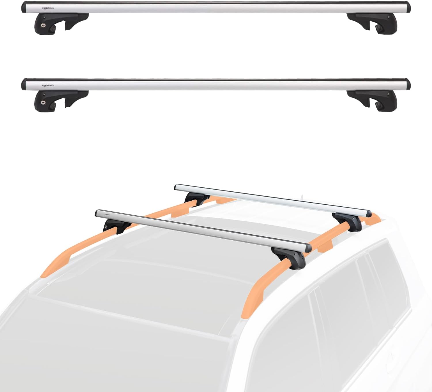 Amazon Basics portaequipajes de techo con rieles cruzados, 52 pulgadas, se adapta a tramos de hasta 46 pulgadas entre rieles laterales elevados con espacio, paquete de 2, negro/plateado
