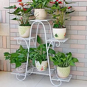 Kundi 6 Tier Plant Stands for Indoors and Outdoors, Flower Pot Holder Shelf for Multi Plants, Black Metal Plant Stand for Patio L-32 x W-10 x H-29 inches (White1)
