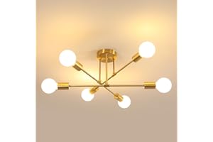 Goeco Lámpara De Techo Vintage, Ø 60 cm Lámparas Colgantes Bombilla E27 de 6 Luces, Plafon de Techo Industrial Dorada para Salón Dormitorio (No Incluidas Bombillas)