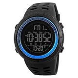 Herren Sport Uhr Wasserdicht LED Tactical Militär Armbanduhr Plastik mit Silikon Modisch Digital Uhr Quarzuhr Doppel Zeit Kalender Alarm Stoppuhr EL Licht Uhren für Männer Jungen (Blau)