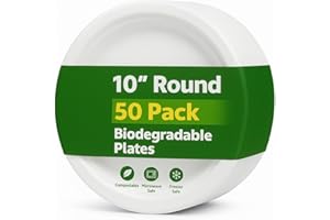 1ABOVE 50 Pack Extra Strong White Disposable Bagasse Plates, 100% Compostable and Biodegradable, Made from Sugarcane Fibre, Perfect for BBQ, Wedding, Office, Picnics and Parties (10 INCH)