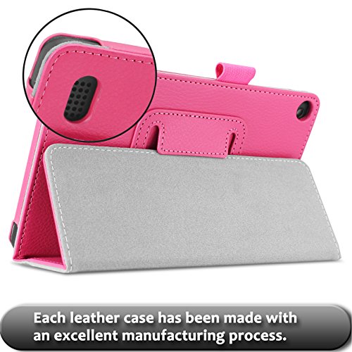 Amazon Fire 7-Hülle (7-Zoll-Tablet, 7. Generation – 2017), Infiland Slim Fit Folio PU-lederne dünne Kunstleder Schutzhülle Cover Tasche für Das neue Fire 7 (2017), 17,7 cm (7 Zoll) Display Tablet / 2015 Modell (mit Auto Schlaf / Wach Funktion)(Magenta) - 7