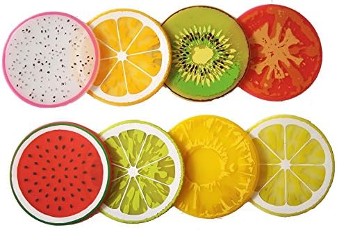 PHT Silicone Fruit Slice All-weather Drink Coasters 2015 edition, 3.5", Set of 8 Kiwi, Orange, Lemon, Lime, Dragon-Fruit, Water-Melon, Tomato, and pineapple