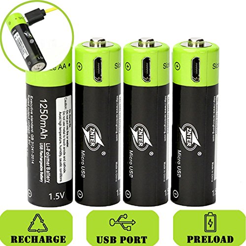 SOEKAVIA 1250 mAh 1,5 V AA Batterie Batterie polymère Lithium Rechargeable intégrée - Micro USB (Noir + Vert) 4pcs