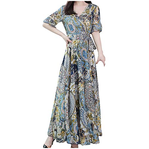 HCFKJ Robe Ete Femme, Robe Mi-Mollet ImpriméE Mode à Manches Courtes à Col en V D'éTé pour Femmes