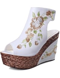 Sandalias de cuña blancas para mujer Sandalias de punta abierta estilo étnico con bordado grueso y tacón alto ( Color : Blanco , Tamaño : 35 )