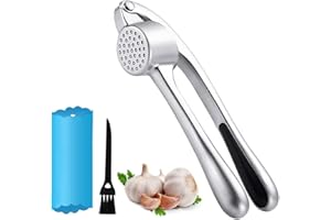 Presse à ail – Concasseur à ail en Trongle avec éplucheur facile, épais et durable en alliage de zinc résistant et poignées faciles à presser pour la maison, la cuisine et la maison.