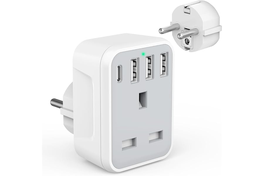 UK to European Travel Adaptor with 4 USB Ports(1 USB C), Grounded EU Euro Europe to UK Power Plug Adapter for Germany Spain France Iceland Greece Poland Netherlands Austria Turkey etc (Type E/F)