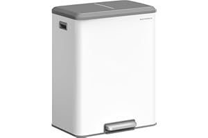 SONGMICS Papelera de Cocina, 2 x 30 L Cubo Doble para Reciclaje y Basura, Cubos Interiores, Acero, Tapa de Cierre Suave, Pedal Ancho y Robusto, Blanco Nube LTB556W02