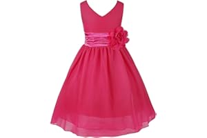 Freebily Enfant Fille Robe Demoiselle d'honneur Mariage Soirée V-Con Mousseline de Soie Longue Robe Fête d'été Cérémonie Fille Robe Ceinture à Fleur 2-14 Ans